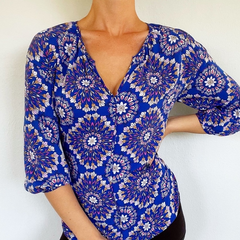 Stylus blue floral boho print v-neck balloon sleeve blouse size medium